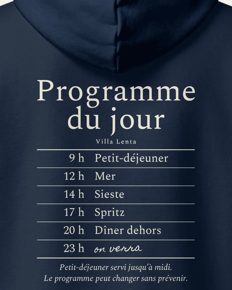 Hoodie « Programme du jour », Marine, gros plan