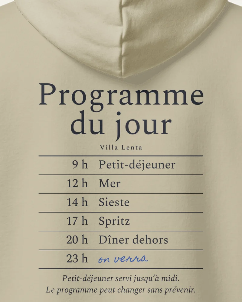 Hoodie « Programme du jour », Pierre, gros plan